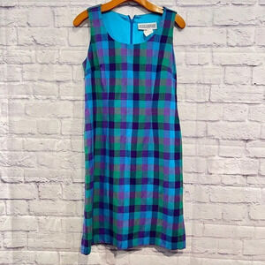 Jessica Howard Sleeveless Blue Plaid Sheath Dress Lined Round Neck‎ Size 8